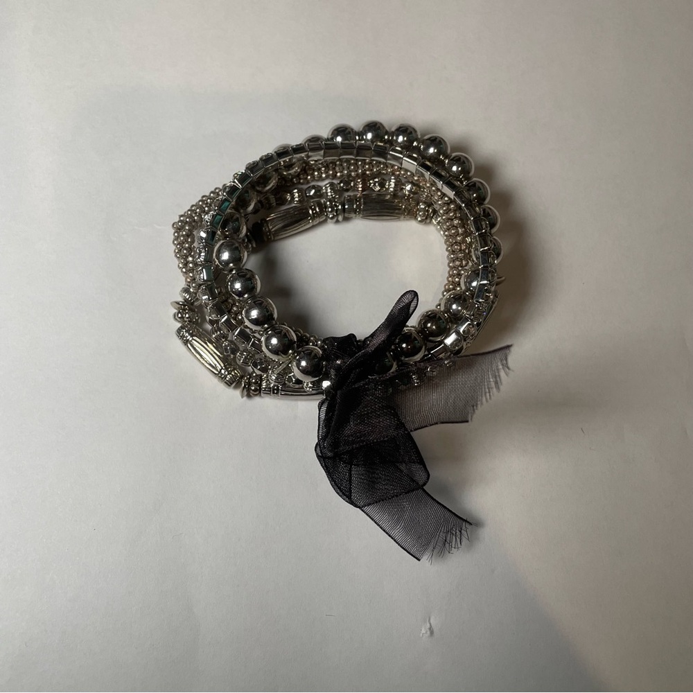Chic Silver Bracelet with Black Ribbon